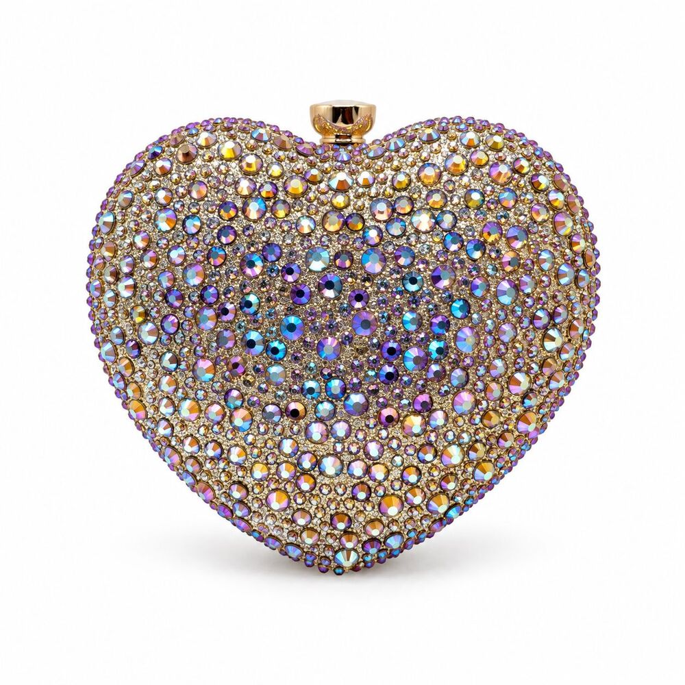 Purple Gold Crystal Heart Clutch Purse Gold Handle Formal Evening Bag Womens NEW